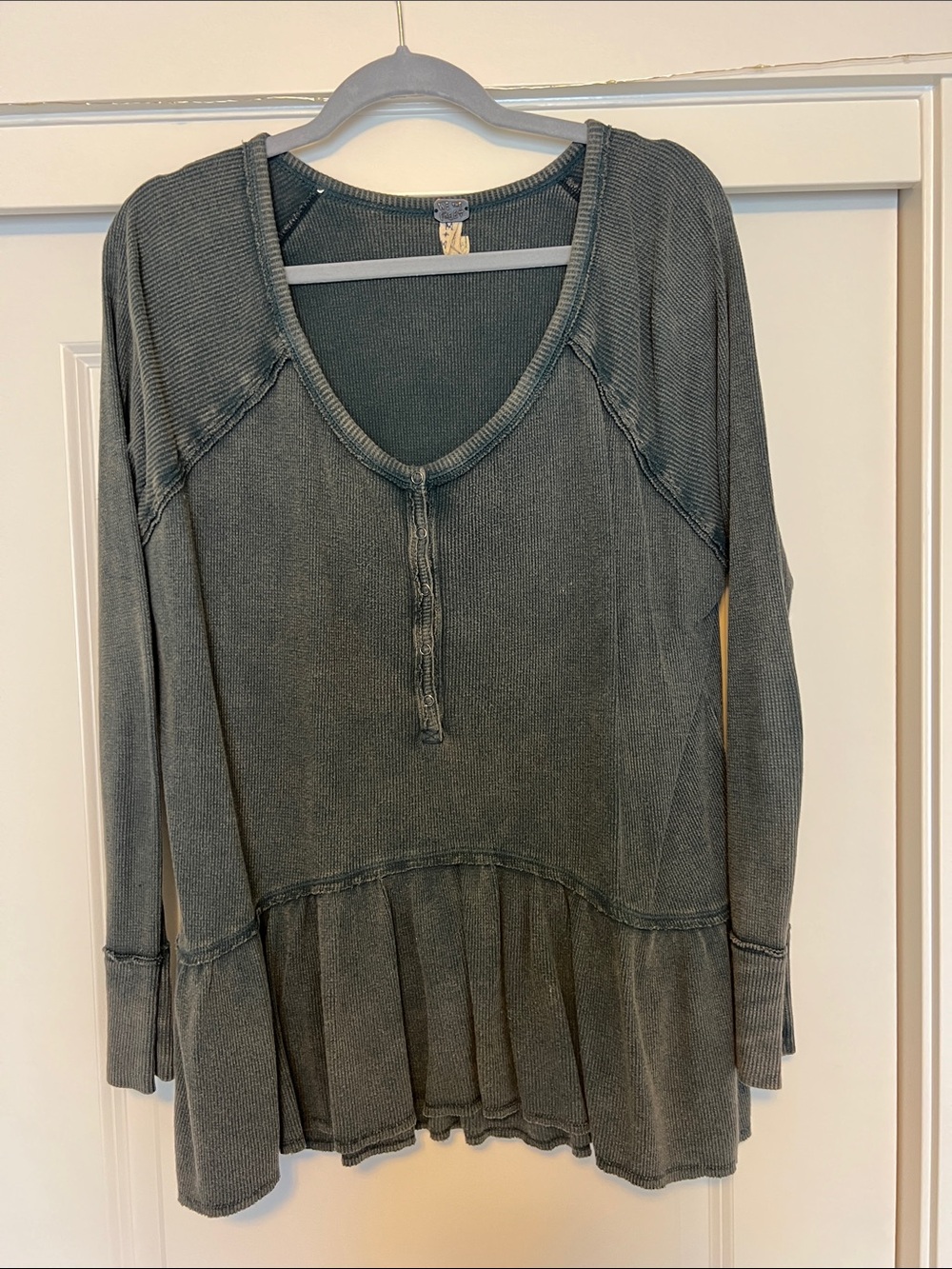 Free People Olive Green Long Sleeve Peplum Henley Top